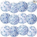 12 linternas de papel chinoiserie para decoración de fiesta, faroles redondos de 10 pulgadas, decoración de papel colgante para decoración floral azul para interiores y exteriores