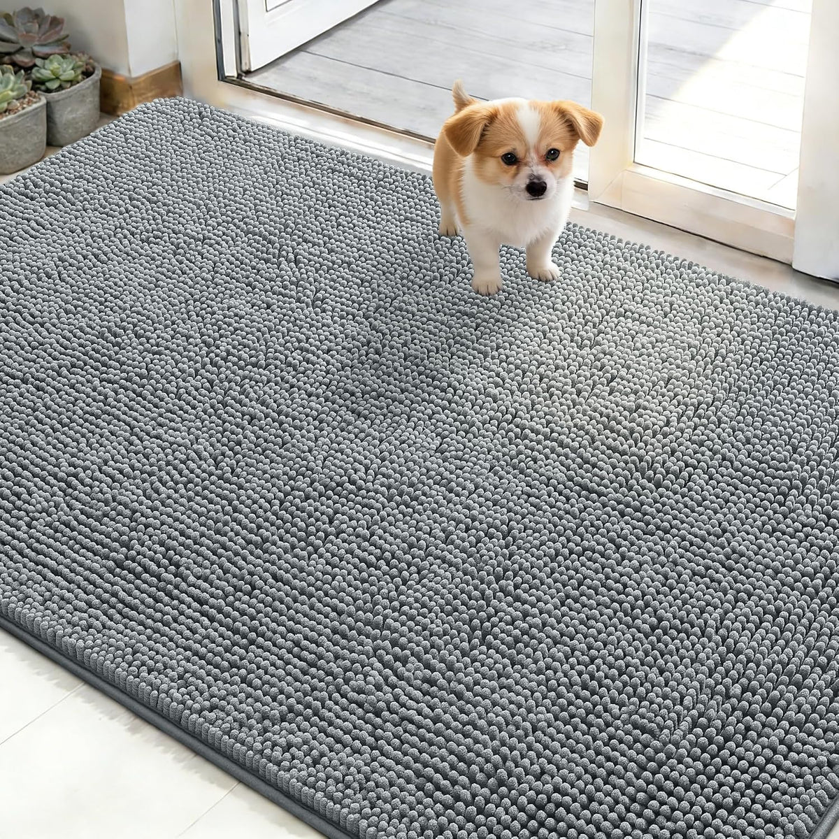 Alfombrilla para perros OLANLY para patas embarradas 48x30, absorbe la humedad y la suciedad, alfombrilla absorbente antideslizante y lavable, alfombrilla de chenilla de secado rápido para barro para perros, alfombra de entrada para interiores, color