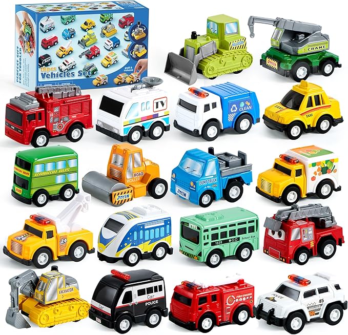 JOYIN Juego de 18 vehículos de juguete de autos y camiones de ciudad con retroceso, juguetes de autos con motor de fricción para niños pequeños