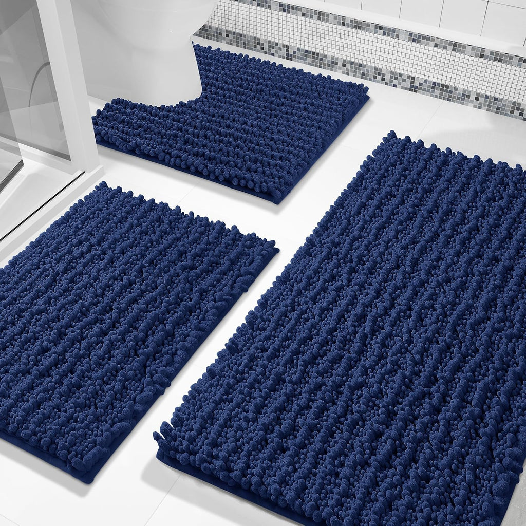 Juego de alfombras de baño Yimobra de 3 piezas: alfombras de baño y de inodoro de chenilla súper absorbentes y de secado rápido, antideslizantes y lavables a máquina, alfombra de pelo largo extragruesa para ducha, bañera y lavabo, azul marino.