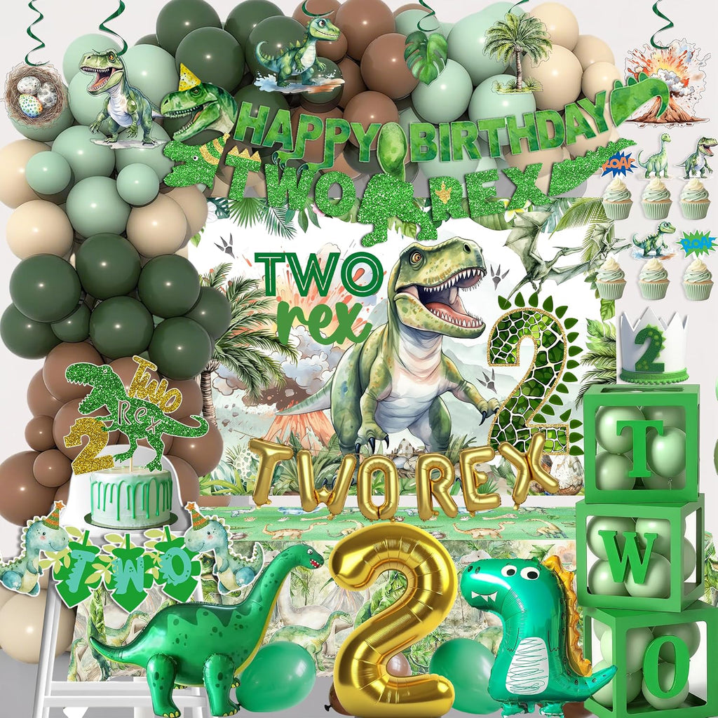 Dos decoraciones de cumpleaños de T-Rex para niño, decoraciones de fiesta de cumpleaños de dinosaurios para niños de 2 años, artículos de decoración para fiesta de dinosaurios T-Rex: telón de fondo, pancarta, mantel, espirales, caja de globos.