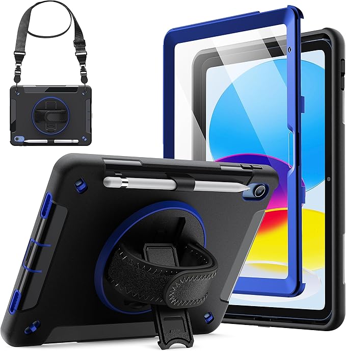 Funda Cantis para iPad 11" (A16) 2025 y iPad 10a Gen 2022 — Soporte 360°, Correa, Porta Lápiz y Protector, Azul Marino