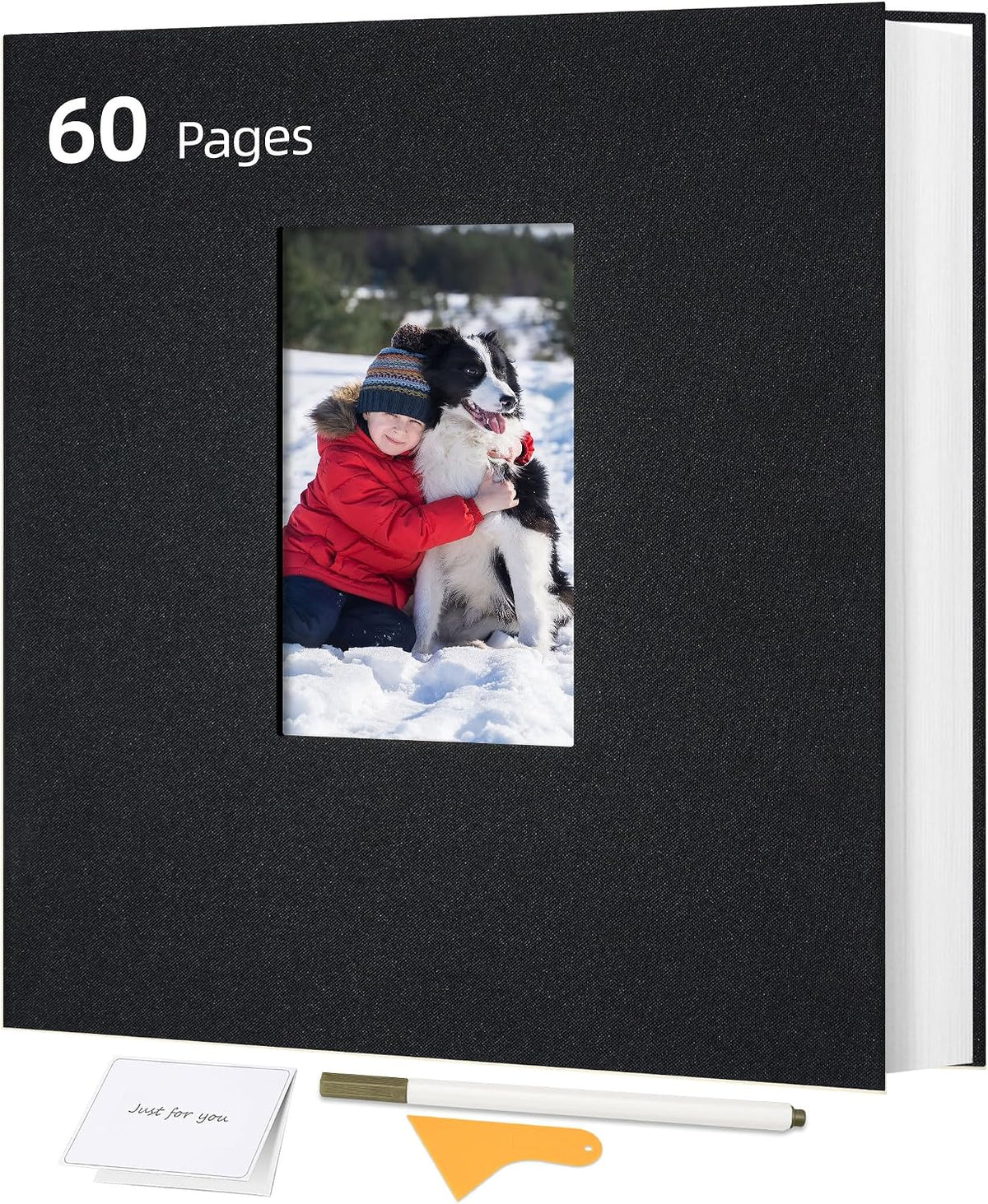 Álbum de fotos autoadhesivo grande Remowith con cubierta de lino transparente, 60 páginas para fotos de 4x6, 5x7 y 8x10 pulgadas, libro de recuerdos para la familia, bebés y bodas, negro, 11x10.6 pulgadas.