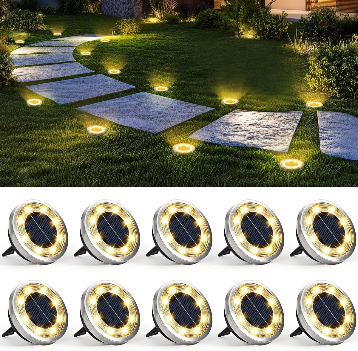 SOLPEX Paquete de 10 luces solares de suelo para exteriores, impermeables, para caminos y jardines (blanco cálido).
