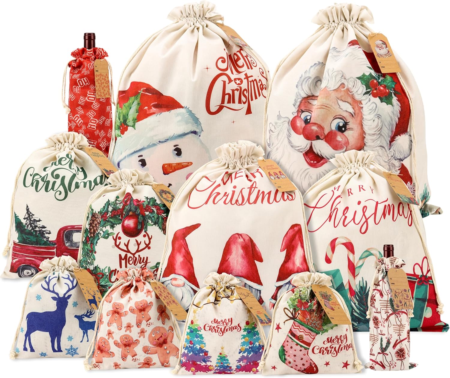 Bolsas de Regalo Navideñas Giiffu x12 – Canvas Reutilizable con Cordón, 5 Tamaños y 12 Diseños