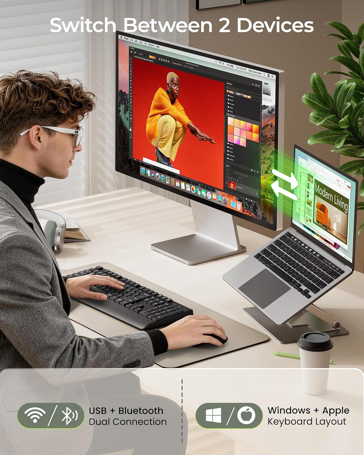 seenda COE200 - Combo de teclado inalámbrico Bluetooth, teclado ergonómico con reposamuñecas, mouse silencioso, conexión multidispositivo, compatible de tamaño completo para PC con Windows, laptop, MacBook, color negro