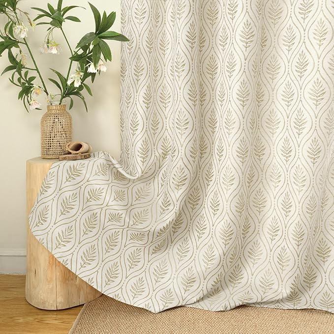 BGment - Cortinas de jacquard beige con hojas para sala de estar, patrón botánico de estilo campestre francés, cortinas de lino vintage boho semitransparentes de estilo cottage core, decorativas