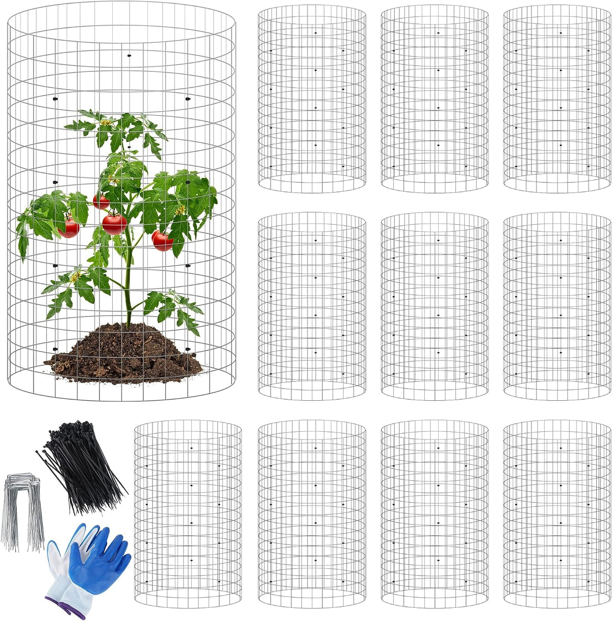 winemana Juego de 12 Jaulas protectoras para plantas de jardín, 36 piezas de 16x12 pulgadas Protectores de alambre de metal para jaulas de protección de plantas con estacas y bridas de nailon Barrera para animales para mantener conejos y gallinas alejados