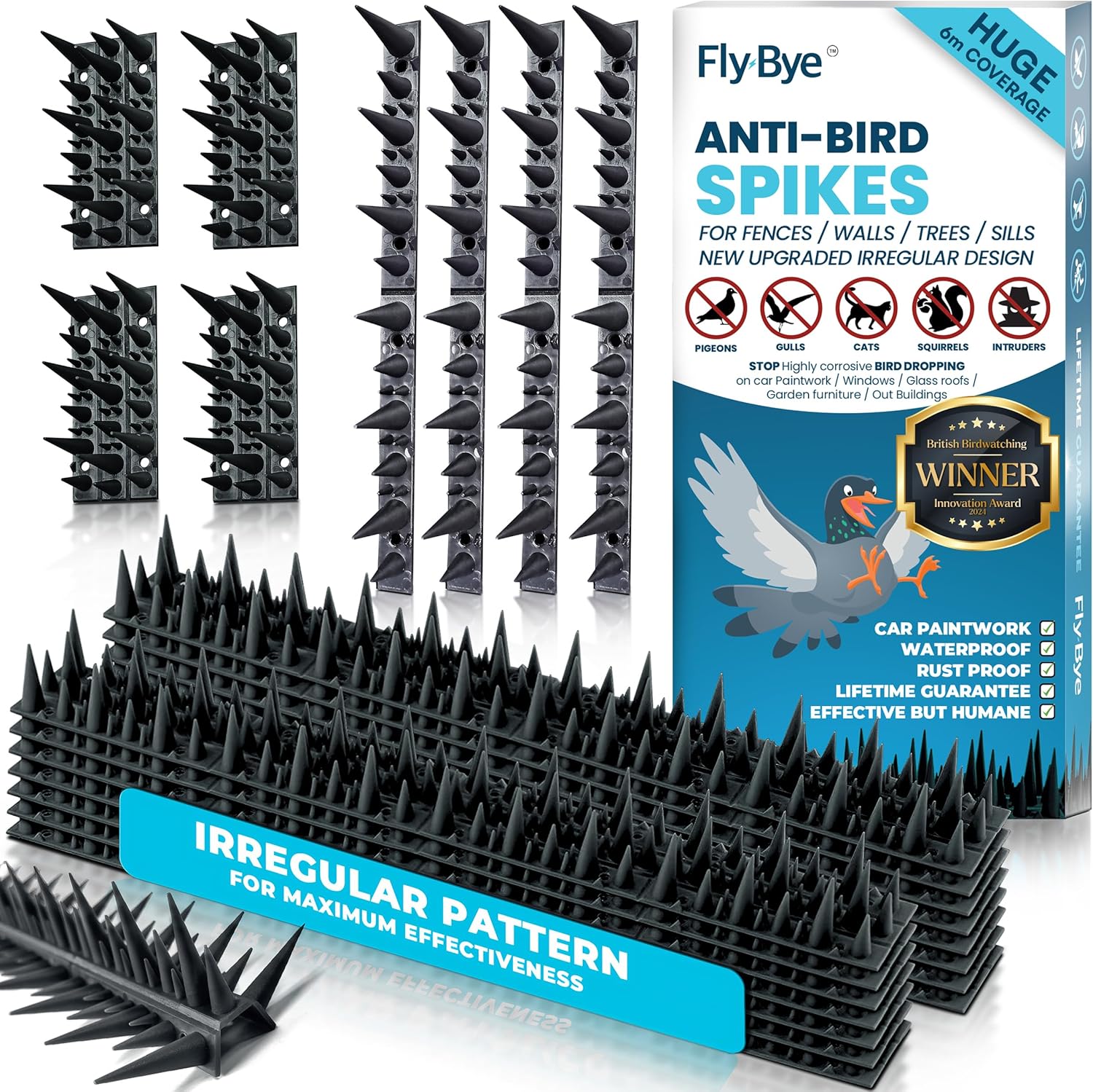 Fly-Bye Anti Bird Spikes 19.6FT - 2500 Durable Spikes for Fence & Wall - Humane Bird Deterrent for Pigeons, Cats, Squirrels & More - Weather-Resistant Pigeon Repellent Spikes for Outdoor Protection