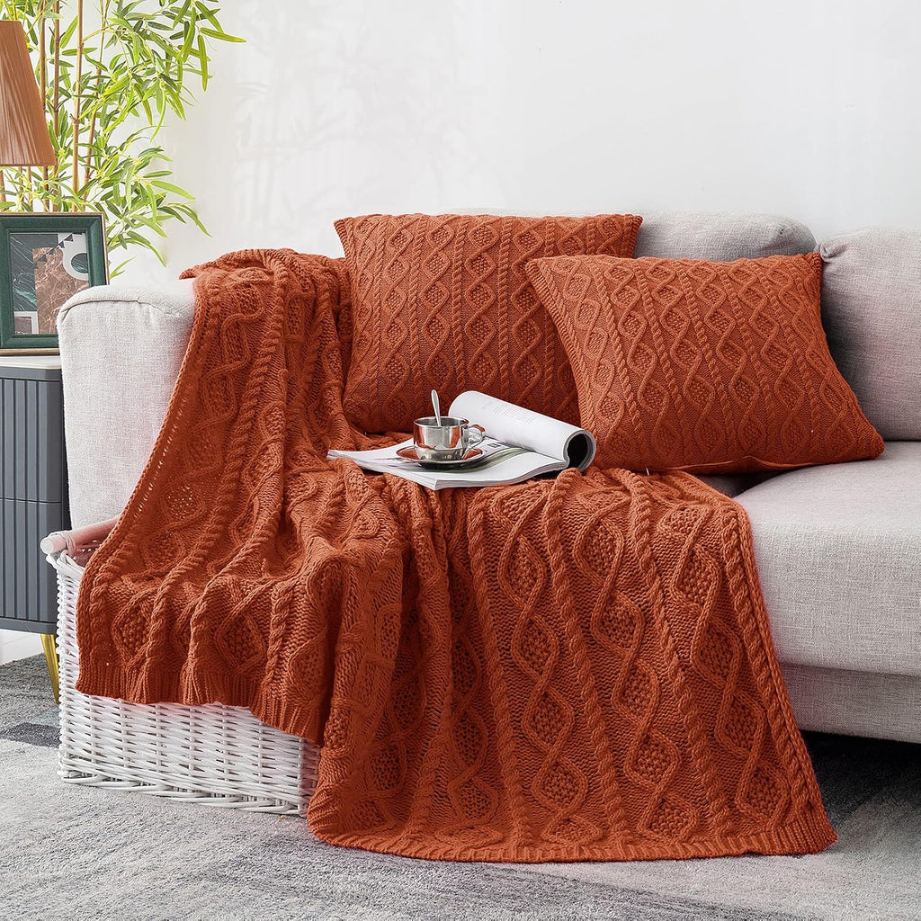 Homiest Set de Manta y Cojin de Punto Acrilico | Verde Salvia, Manta 50x60'' + Cojin 18x18'', 3 Piezas Geometrico Moderno