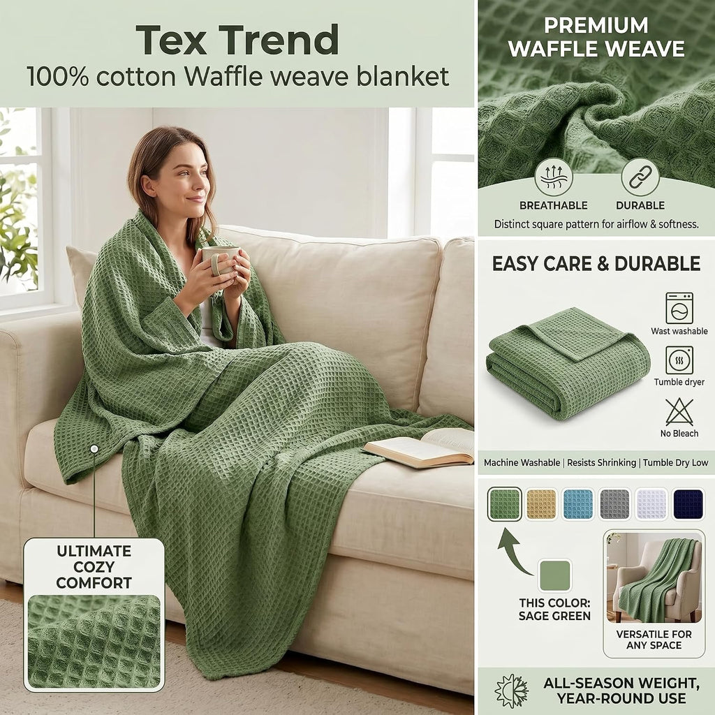 Tex Trend - Manta de algodón 100 % natural, tejido de gofre, agradable al tacto, suave y transpirable, cómoda y acogedora, tamaño King de 90 x 108 pulgadas, color verde salvia