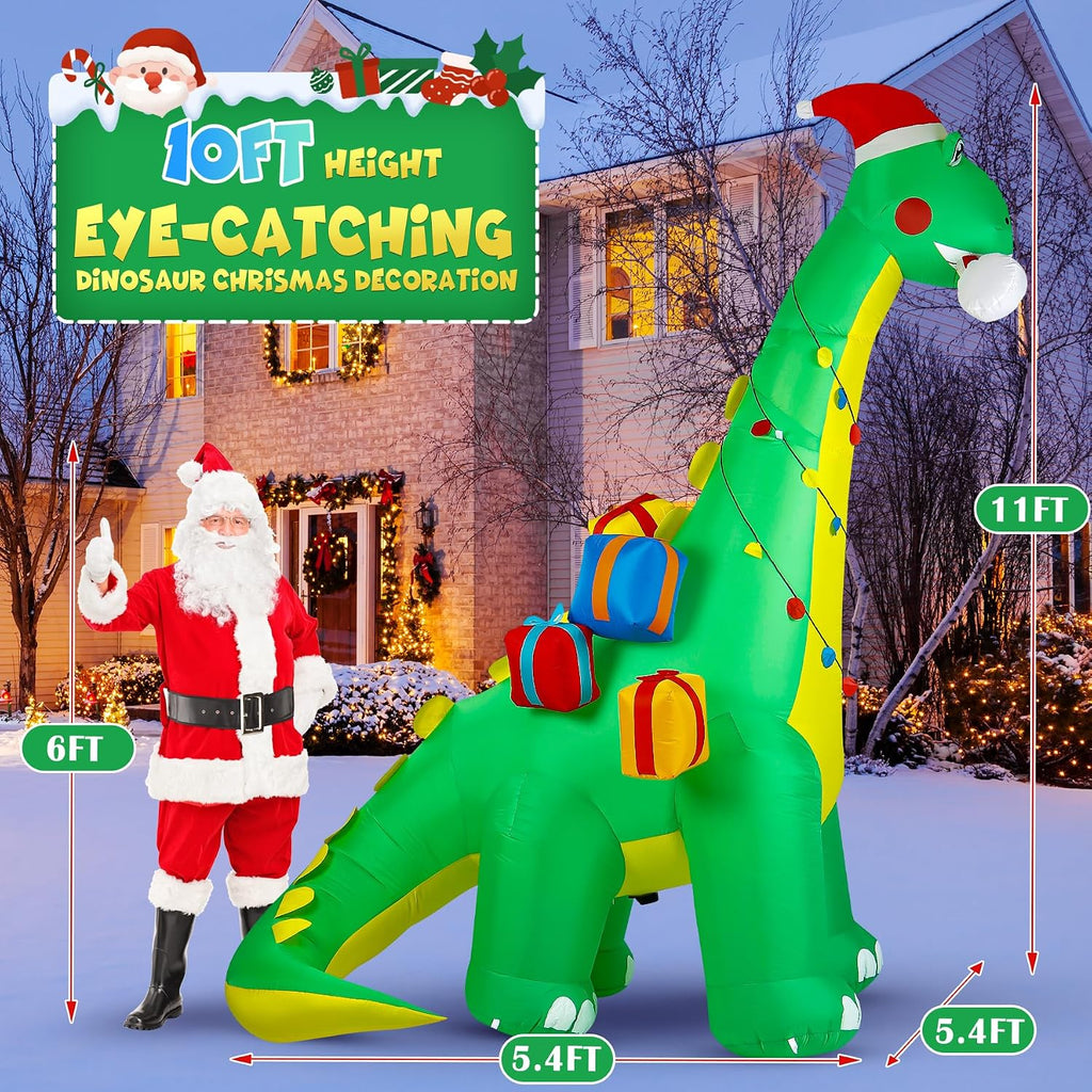 Dinosaurio Inflable Navideño Calmbee 12 Pies – Cabeza Móvil, Luces LED Integradas, Decoración Exterior para Jardín (Verde)