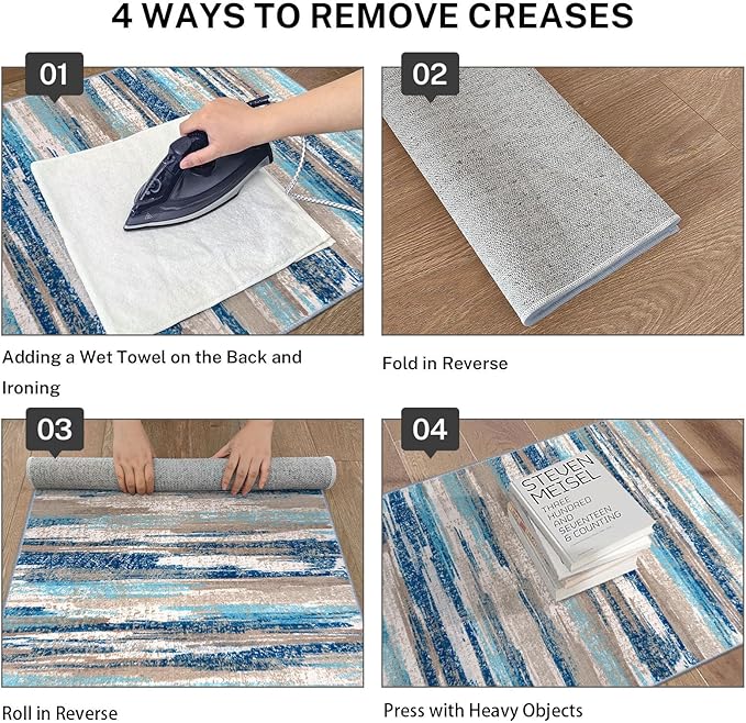 Lansny Alfombra moderna abstracta de 3 x 10 pies, alfombra de pasillo lavable azul para cocina, antideslizante, suave, alfombra delgada de impresión falsa de lana para entrada, dormitorio