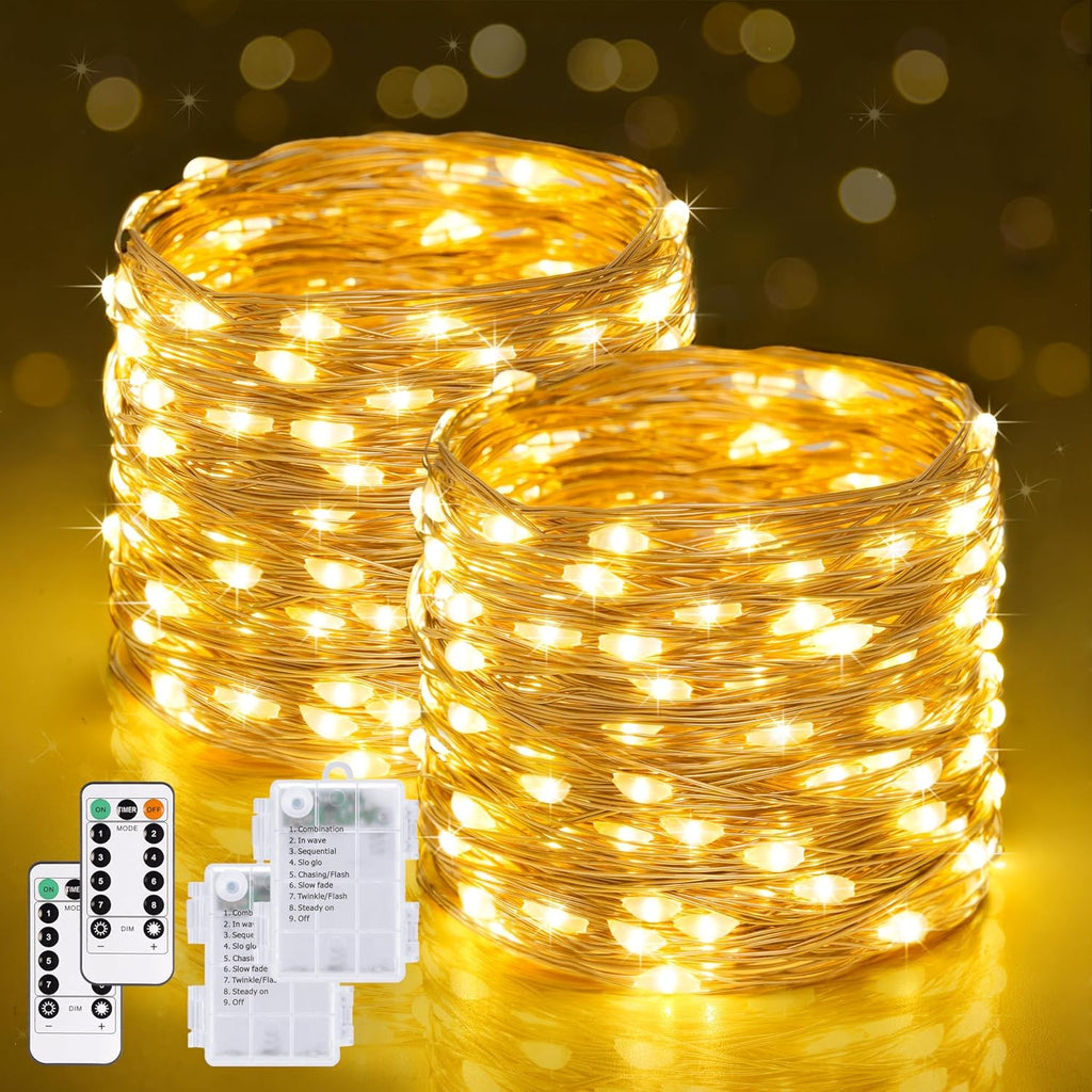 Luces de Hadas JMEXSUSS 2 Piezas a Pilas con Control Remoto | Total 400 LED 132 pies | Luces de Cadena para Dormitorio, Interior, Exterior, Árbol de Navidad | Blanco Cálido