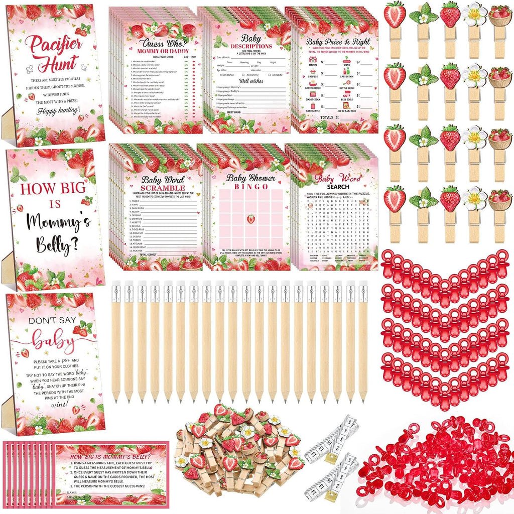 FALTA UNA CINTA-Sherr 476 piezas Juegos para baby shower de fresa 6 juegos Tarjetas de actividades Juego de búsqueda de chupetes 50 chupetes Letrero "
