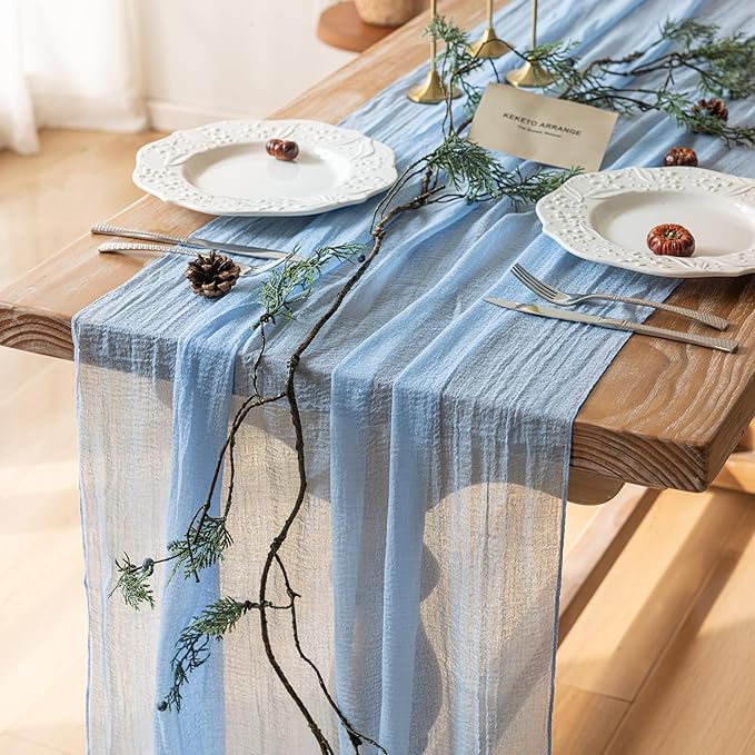 Keketoarrange - Caminos de mesa rústicos de gasa color celeste, de 120 pulgadas y 10 pies, camino de mesa de tela de queso traslúcida para decoración bohemia de hogar y celebraciones