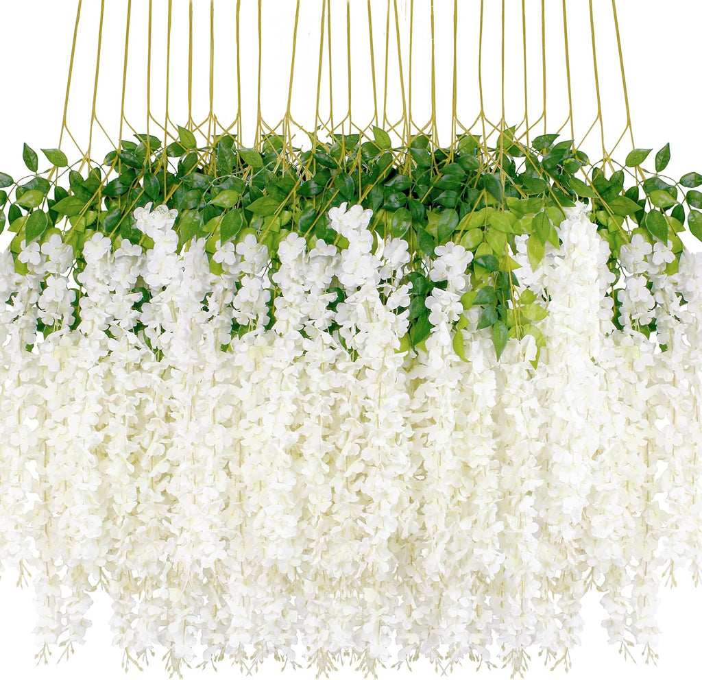 Guirnalda de Flores de Glicinia Colgantes Pack 24 – Seda Blanca en Rratán para Bodas, Pared, Fiestas y Decoración del Hogar