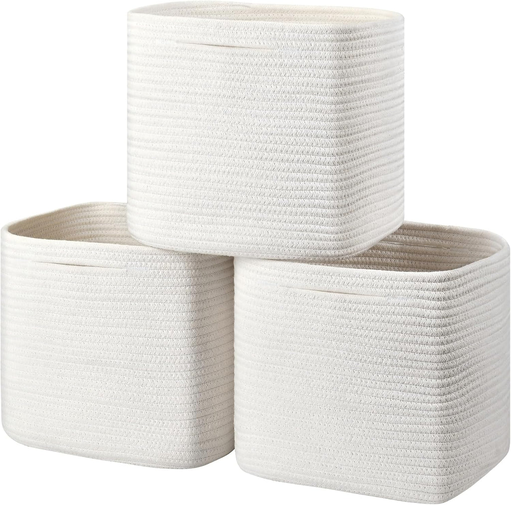Gocjuaza 3 Pack Storage Cubes 11 Inch Cotton Rope Woven Baskets for Organizing Cube Bin Square Shelves Organizer,Classroom,Kids Toy Bins,Closet,Baby Nursery(Creamy White)