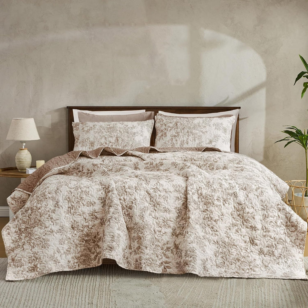 Maravilloso juego de edredón floral color topo tamaño queen, juego de ropa de cama reversible de algodón para cama queen, funda de cama ligera color topo de 3 piezas, colcha y cubrecama suave estampada para todas las estaciones.