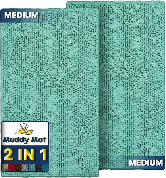 Muddy Mat® Tapete de Puerta de Microfibra Altamente Absorbente de 2 Piezas, color verde espuma de mar, tamaño mediano, 30 x 19 pulgadas, COMO-SE-VE-EN-TV, tapete de puerta, tapete de baño y alfombra