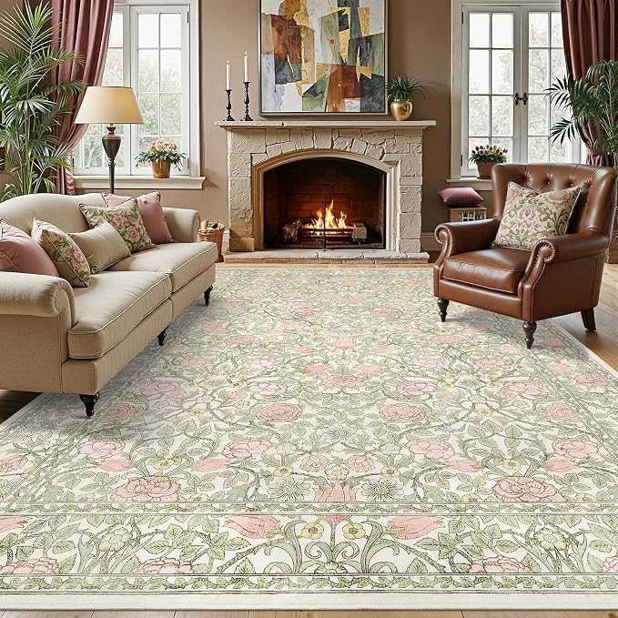 GarveeHome - Alfombra de 2,44 x 3,05 m, color rosa y verde beige, lavable, alfombra vintage con flores, alfombra boho botánica retro, alfombra de pelo bajo, resistente a manchas, antideslizante