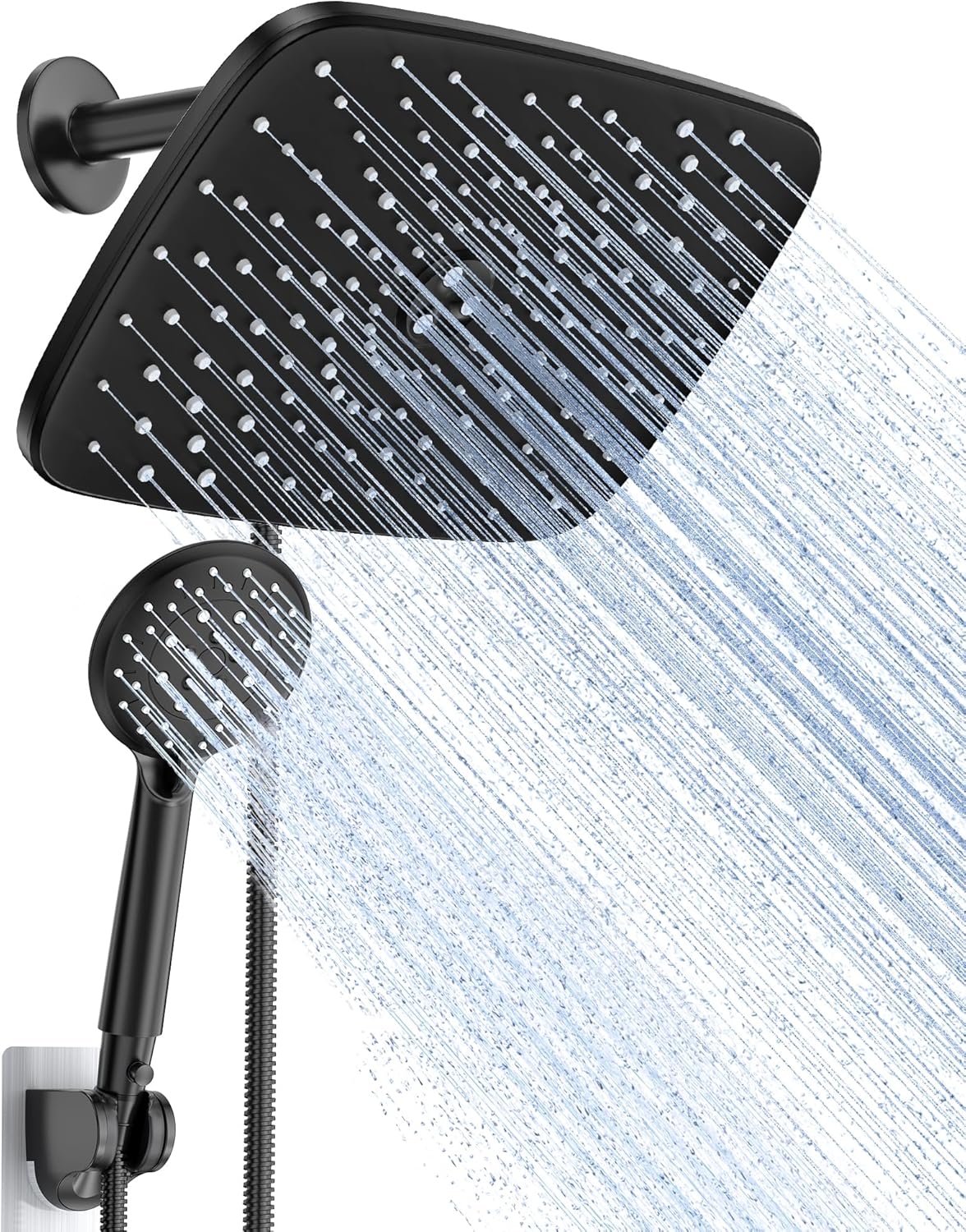 Ducha de lluvia rectangular Veken de 11,8 pulgadas - Cabezal de ducha con 6 modos de rociado manual - Ducha de lluvia ancha con manguera de 70" - Cabezal de ducha doble de 1,8 gpm con boquillas antiobstrucción - Negro mate 