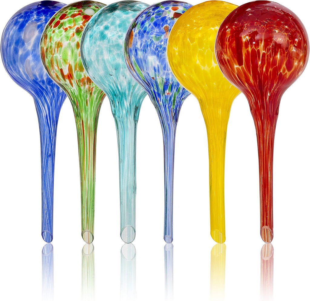 (AMARILLO PRESENTA MANCHA PEQUENA) Besti Globos de Riego Grandes para Plantas (Pack de 6) | Riegan hasta 2 Semanas sin Esfuerzo | Vidrio Duradero Multicolor Artesanal | Uso Interior y Exterior | 30 x 9 cm