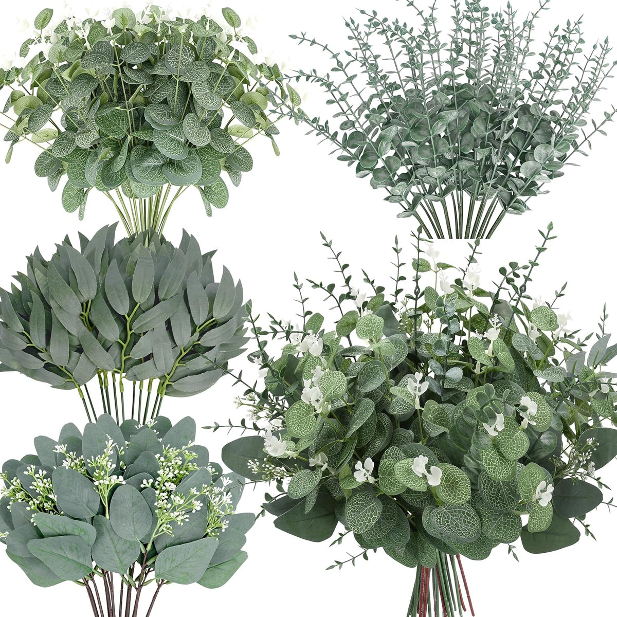 150 piezas de 4 tipos diferentes de hojas y tallos de eucalipto artificial mixtos. Paquete a granel de eucalipto plateado artificial. Plantas artificiales para ramos de flores, arreglos florales, decoración para bodas, compromisos y fiestas.