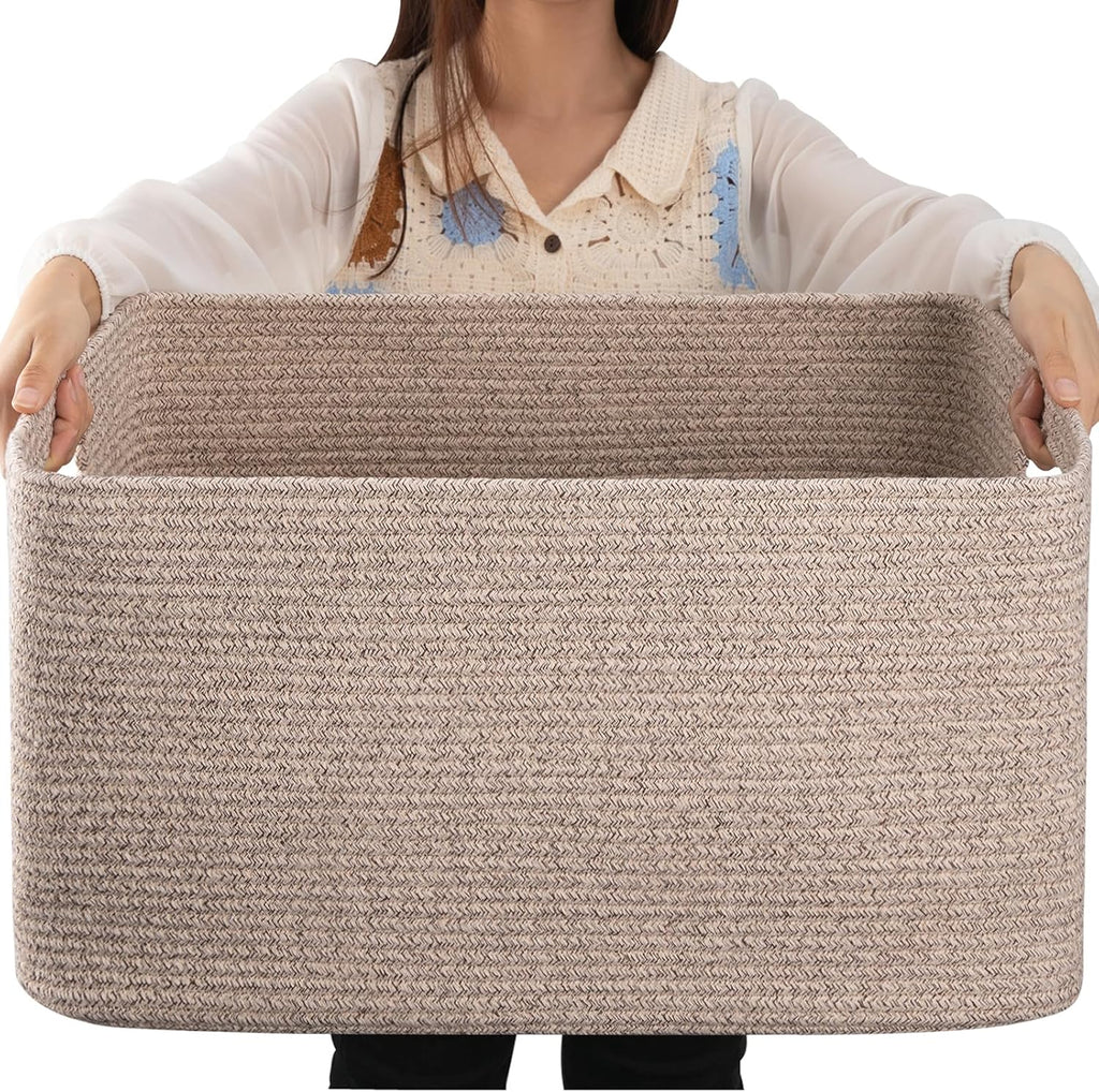 OIAHOMY Cesta de almacenamiento grande de 75 L de cuerda de algodón tejida con asa para organizar mantas y juguetes para sala de estar, cuarto infantil, marrón jaspeado 22" x 17" x 12"
