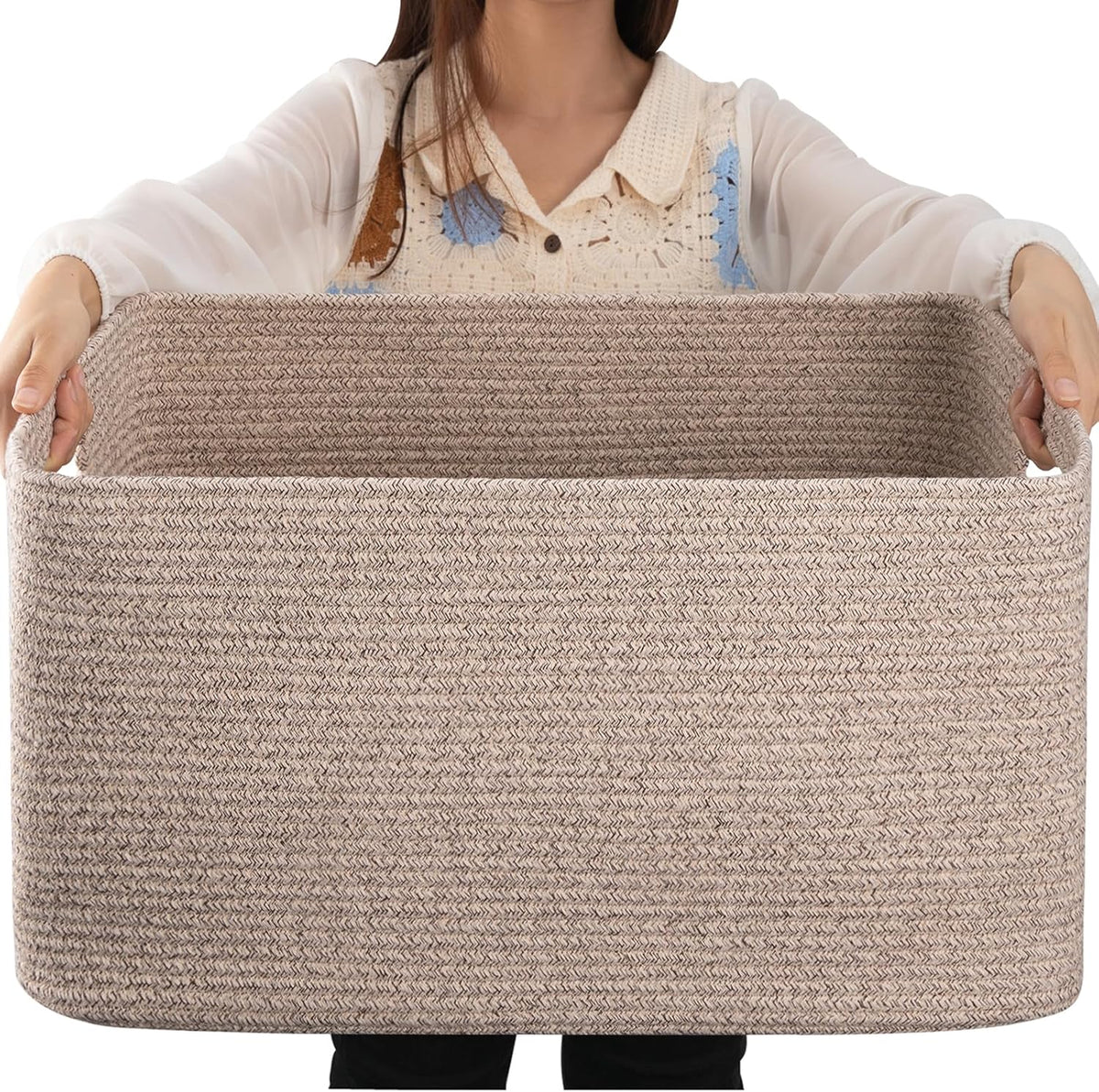 OIAHOMY Cesta de almacenamiento grande de 75 L de cuerda de algodón tejida con asa para organizar mantas y juguetes para sala de estar, cuarto infantil, marrón jaspeado 22" x 17" x 12"