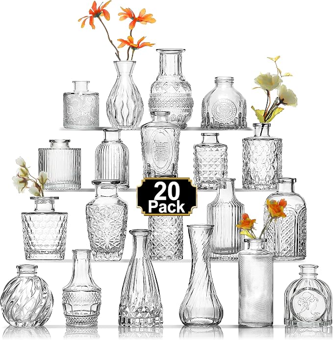 Arme Juego de 20 Jarrones Pequeños, Mini Jarrones para Flores, Pequeño Jarrón de Vidrio Vintage para Centros de Mesa, Lindos Jarrones Pequeños Transparentes para Decoraciones Florales de Boda y Hogar