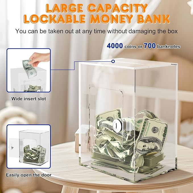 Alcancía acrílica, caja de ahorro de dinero transparente con llave, tarro de ahorro para adultos y niños