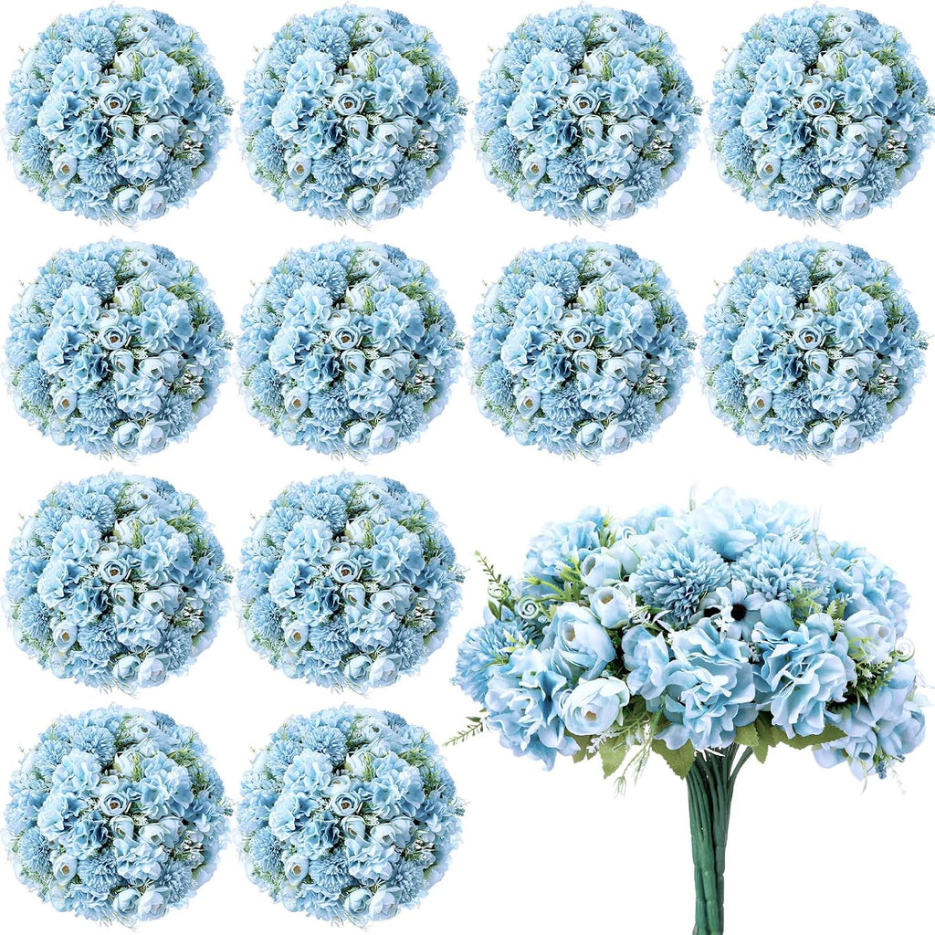 Flores Artificiales Tigeen Pack 12 Manojos – Peonías, Rosas y Hortensias de Seda para Bodas, Jarrones y Decoración (Champán, Blanco y Azul)
