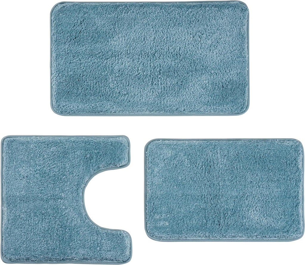 Set de 3 Tapetes de Baño de Lujo con Tapete en U – Microfibra Esponjosa, Antideslizante y Secado Rápido, Azul Lago