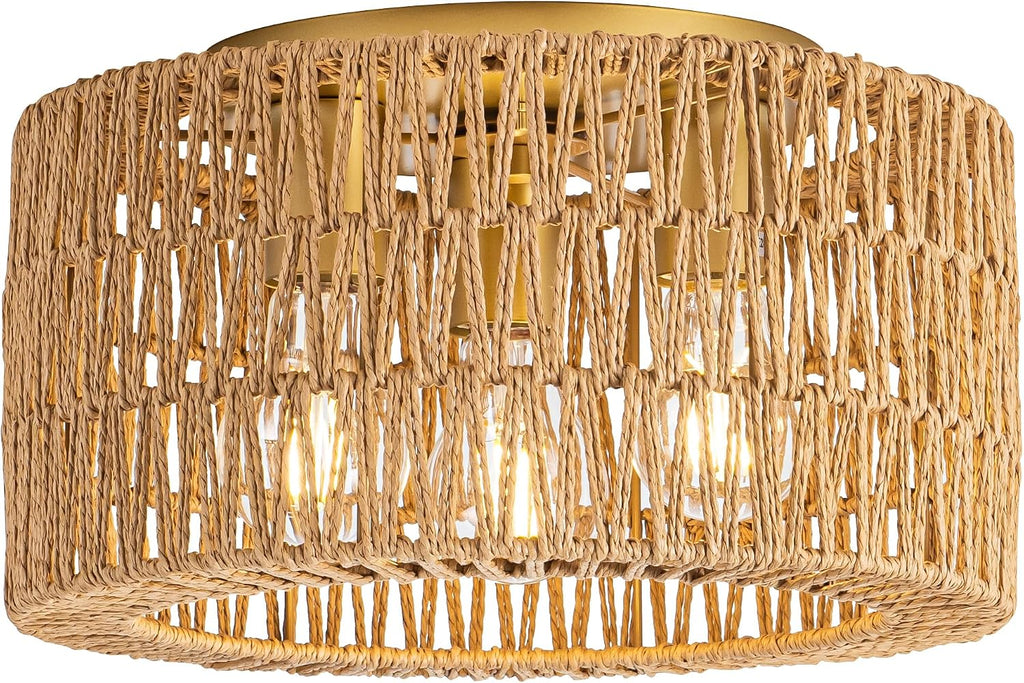 Lámpara de techo de ratán, lámpara de techo moderna bohemia tejida de 3 luces, lámpara de techo empotrada estilo boho para dormitorio, sala de estar y comedor. Bombilla no incluida.