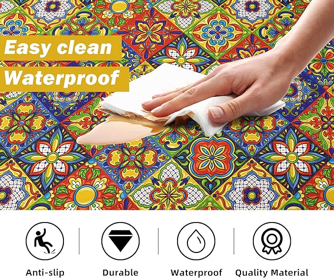 Juego de 2 alfombras de cocina bohemias de espuma viscoelástica con diseño de azulejos cerámicos coloridos y cómodos, alfombrilla antifatiga antideslizante de PVC tipo runner resistente al agua