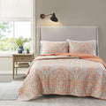 Juego de edredón reversible Comfort Spaces - Diseño de costura vermicelli, apto para todas las estaciones, ligero, cubrecama, fundas de almohada a juego, tamaño matrimonial/queen (90 x 90 pulgadas), Gloria Damask Coral, 3 piezas