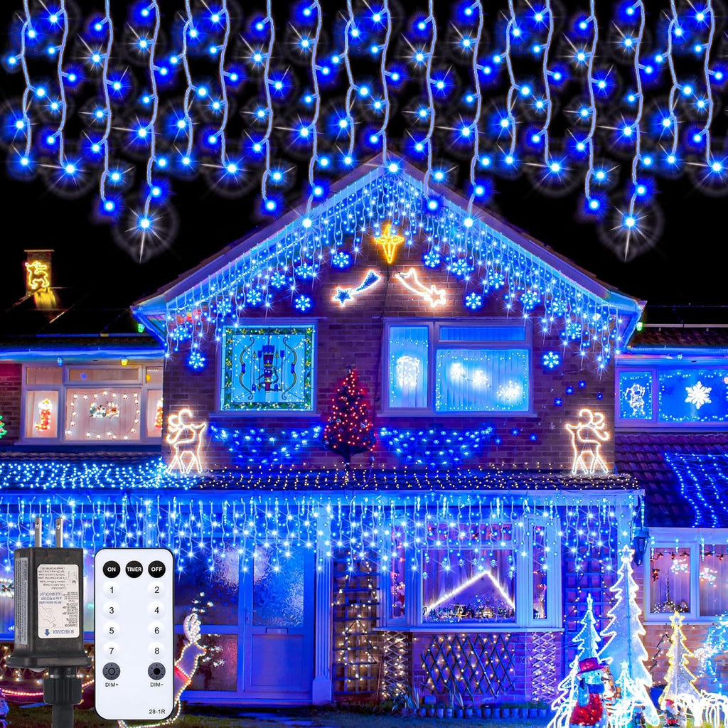 Aurelema 118 ft 1248 LED Christmas Outdoor Icicle Lights LED Fairy String Hanging Lights Waterproof with 8 Modes Timer for Christmas Decorations Wedding Holiday Party Roof Yard, Blue