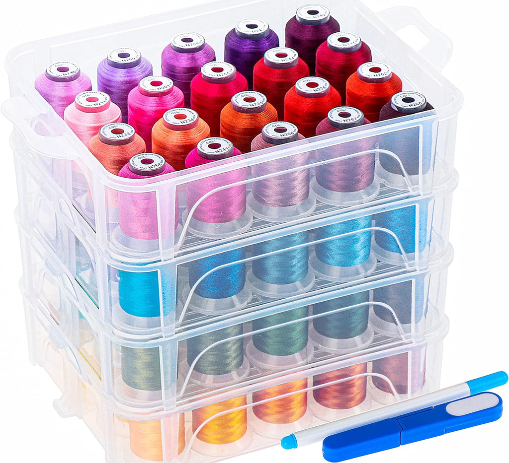 Nuevo juego de 80 bobinas de hilo para máquina de bordar de 500 m cada una, con caja de almacenamiento de plástico transparente. Colores compatibles con Janome y Robison-Anton.