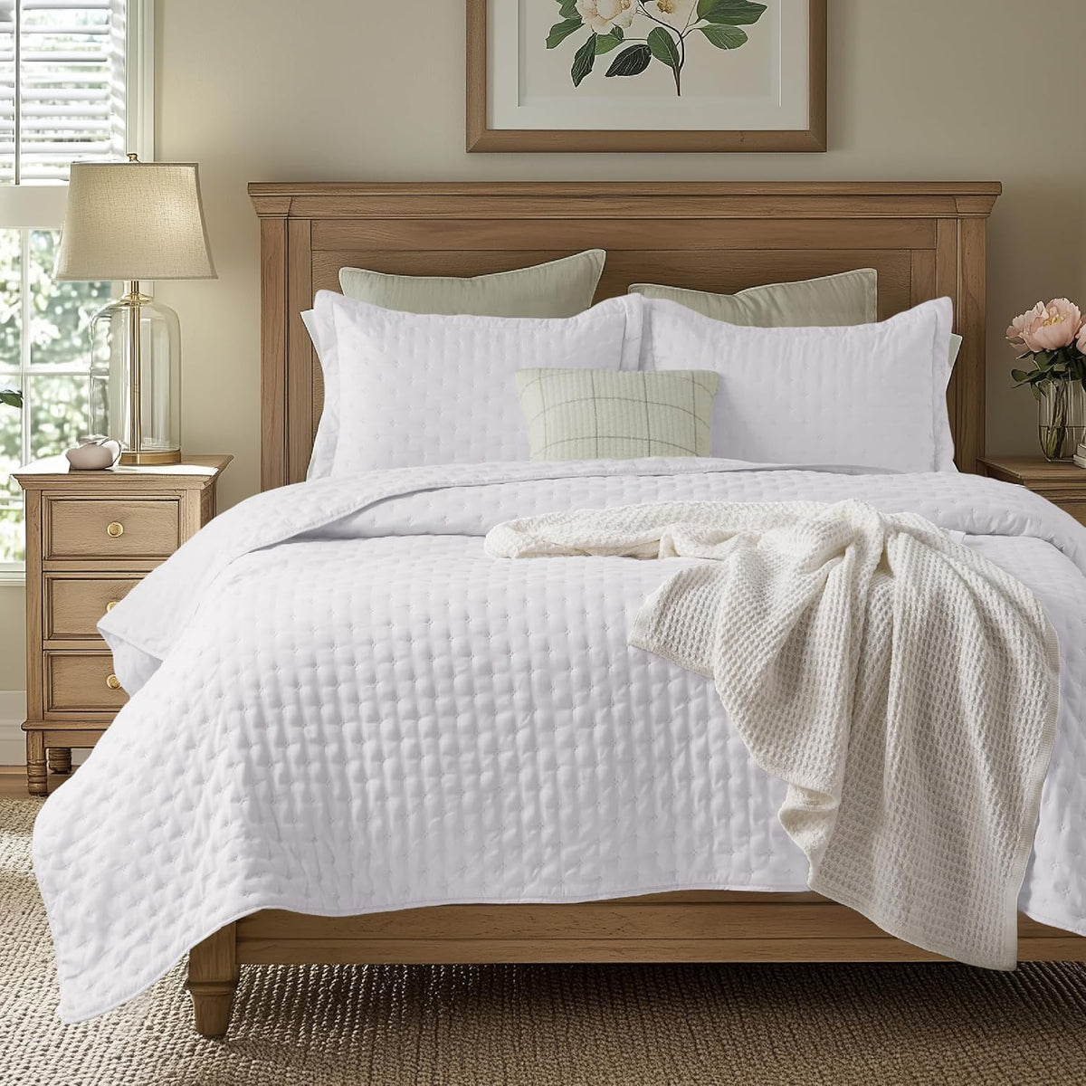 Edredones Bedsure tamaño Queen - Colcha blanca brillante tamaño Queen y edredón ligero, cubrecama moderna con estampado de trébol, ropa de cama ultrasuave para todas las estaciones, 90 x 96 pulgadas