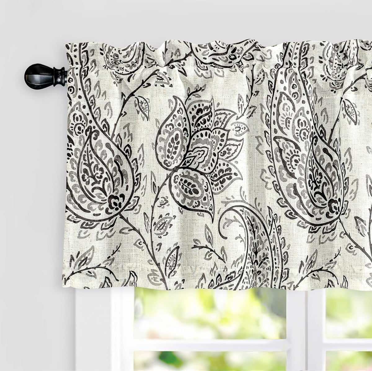 Cortina Opaca Combinada Lino DriftAway Jacob para Cocina 46 cm Largo con Diseño Floral Scroll Paisley Impreso Forrada Bolsillo Vara Oscurecedora 132 x 46 cm Negro