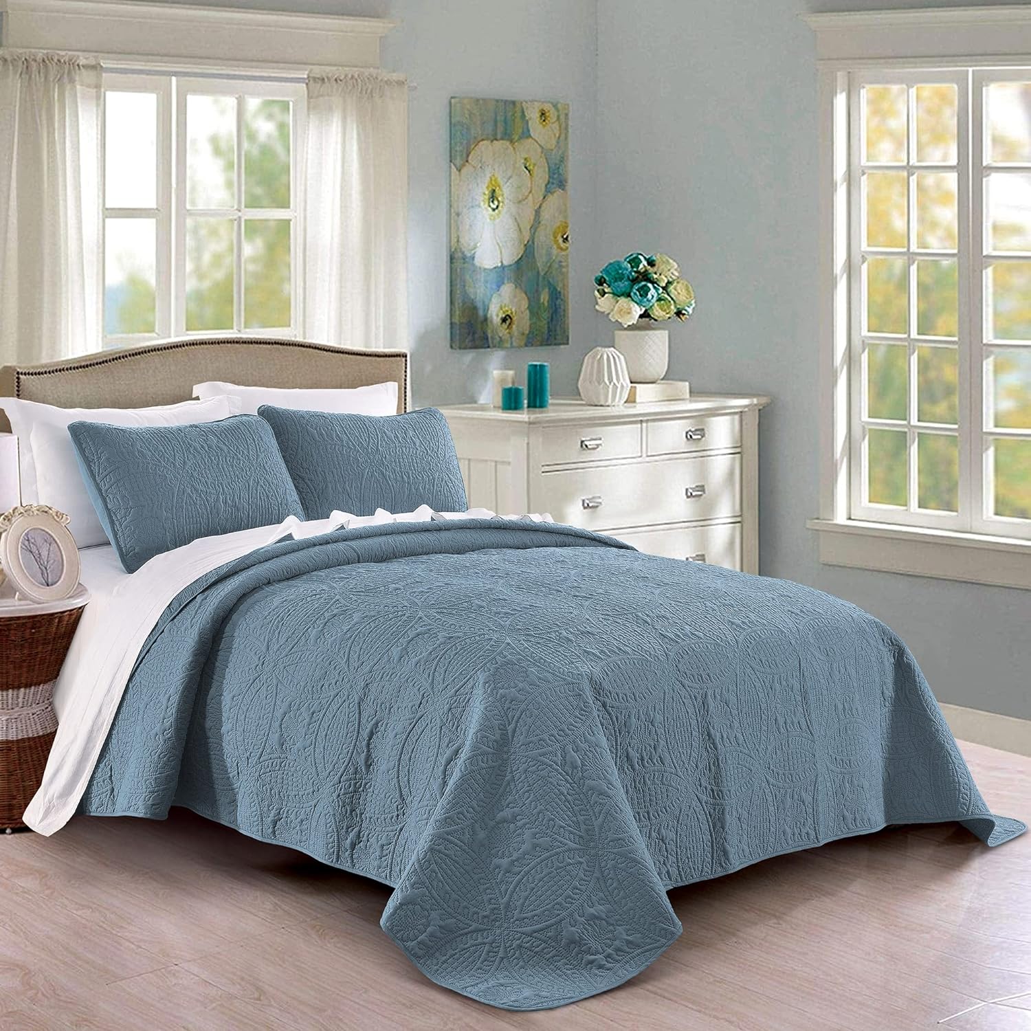 Quilt Colcha King Size Azul Ceniza — Solo Quilt, SIN Fundas de Almohada, Microfibra Suave Patrón Geométrico