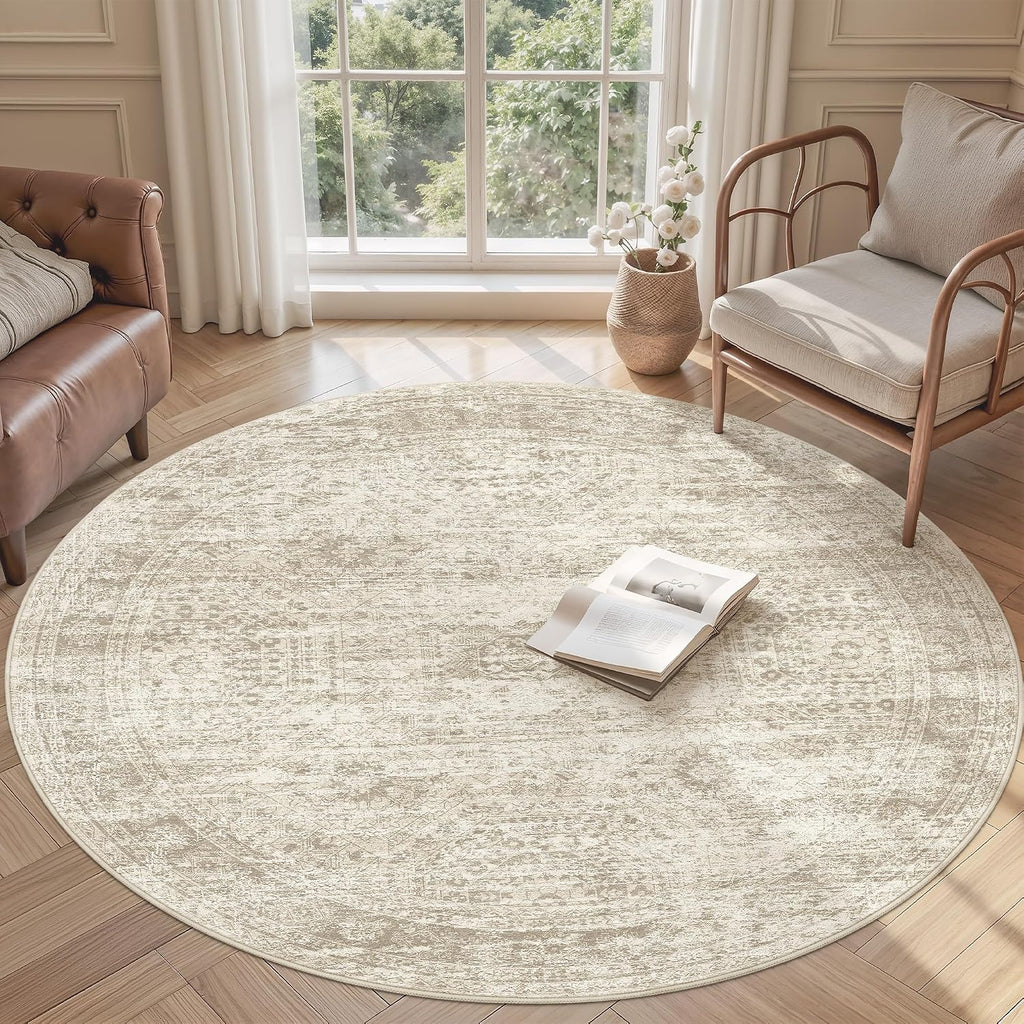 Alfombra redonda Soalmost de 5x5 pies, color beige, para sala de estar, antideslizante.