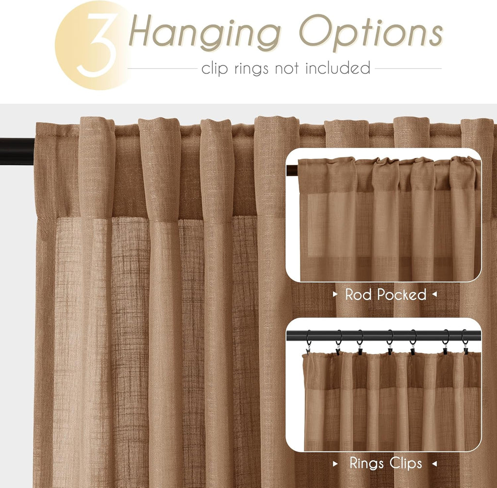 Cortinas Jolilight Marrón Semi Transparentes 52x90 Pulgadas — Estilo Farmhouse Moderno, Set 2 Paneles, Back Tab