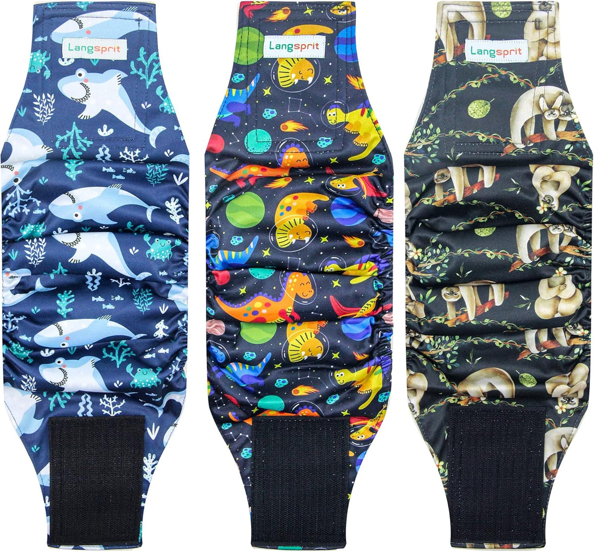 Pañales Langsprit para Perros Machos Talla XX-Grande – Pack de 3 Lavables y Reutilizables | Alta Absorción | Diseños Perezoso, Ballena y Dinosaurio