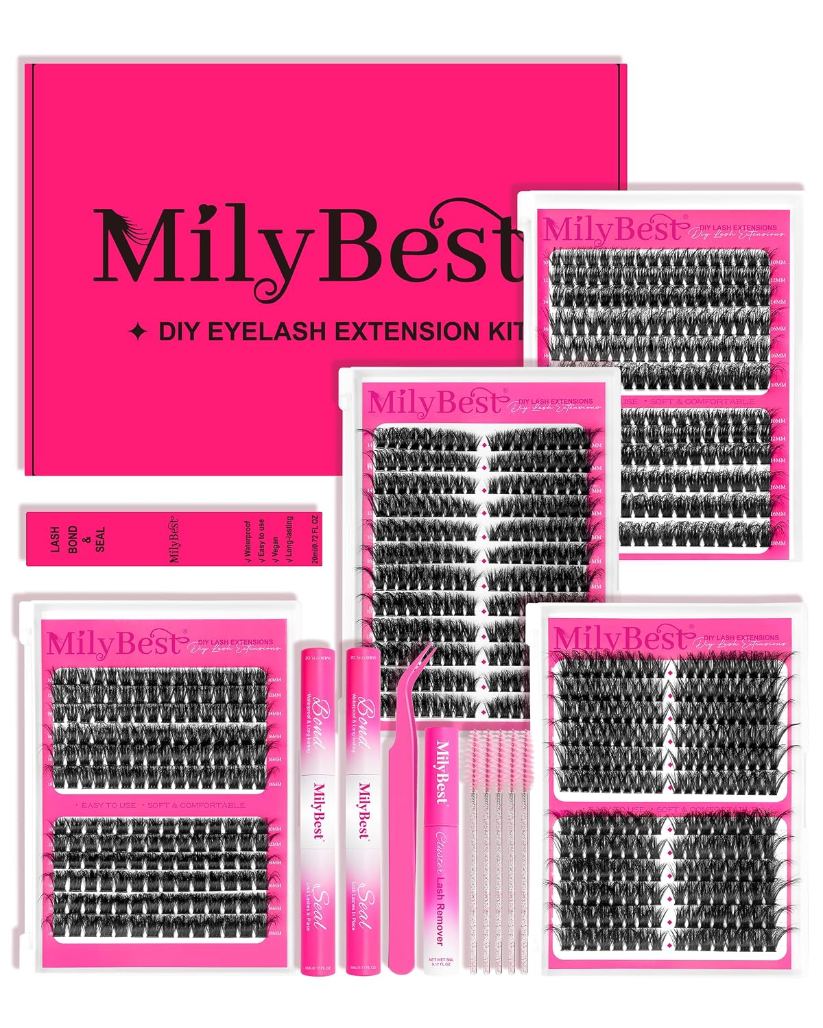 MilyBest 4 Styles Lash Clusters Kit 864Pcs Eyelash Clusters Lash Kit Lash Clusters D Curl DIY Pestañas individuales postizas con 2 Bond&Seal Wispy Bulk Cluster Extensions Kit De Pestañas