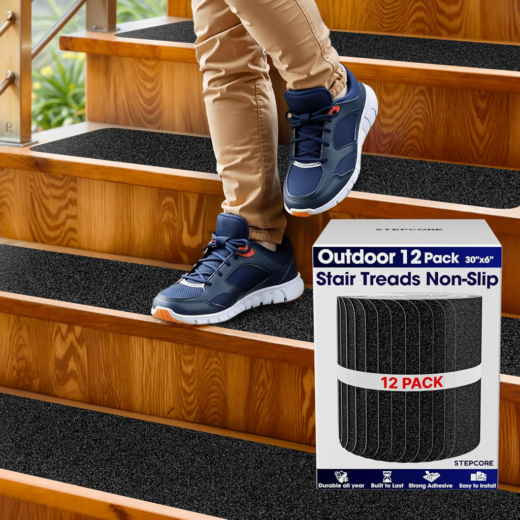 Tiras Antideslizantes para Escaleras STEPCORE Pack de 12 – 30"x6", Grano 80, Impermeables para Escalones de Madera Exteriores