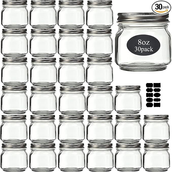 Tarros Mason de 8 onzas, paquete de 30 frascos pequeños con tapas plateadas, tarros de conservas de 1/4 cuartos de galón, tarros de vidrio de almacenamiento con tapas para gelatina, mermelada, miel