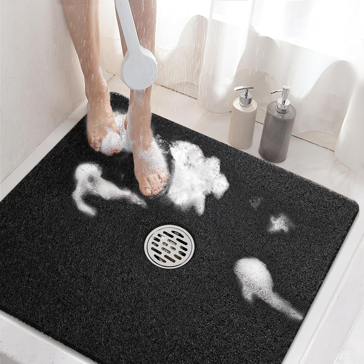 Alfombrilla de ducha cuadrada HITSLAM, alfombrilla antideslizante de 61 x 61 cm para bañera, alfombrilla de bañera de lufa de PVC suave con orificios de drenaje, alfombrilla de secado rápido para el suelo del baño, color negro