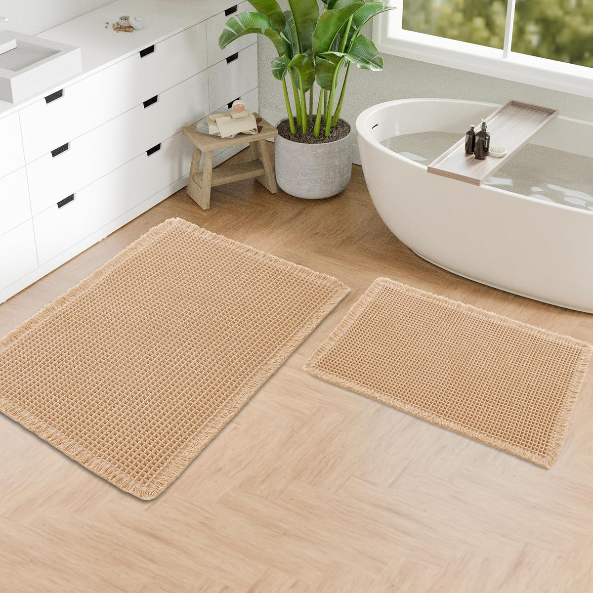 Alfombrillas de Baño Hiasan Pack 2 – Textura Gofre, Borlas Bohémias, Superabsorbentes y Antideslizantes, Base Goma, Marrón (40x61cm + 51x81cm)
